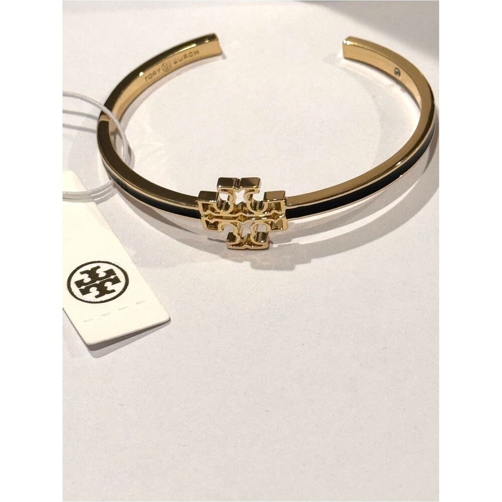 NWT Tory Burch Miller Black Enamel Gold Tone Double T Logo Cuff Bracelet 7"